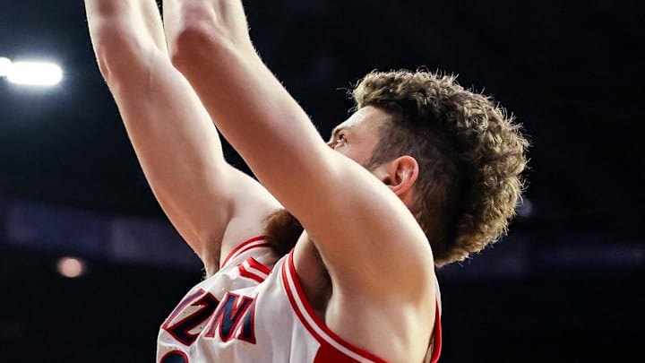 Feb 7, 2026; Tucson, Arizona, USA; Arizona Wildcats guard Anthony Dell’Orso (3) shoots a jumper over the Oklahoma State Cowboys during the second half of the game at McKale Memorial Center. Mandatory Credit: Aryanna Frank-Imagn Images