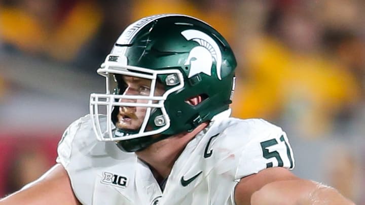Michigan State center Matt Gulbin gets ready to throw a block during the Spartans' game against the USC Trojans on Sept. 20, 2025.