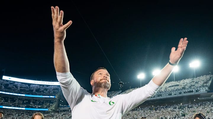 Oregon head coach Dan Lanning celebrates the Ducks’ win as the Oregon Ducks face the Penn State Nittany Lions on Sept. 27, 2025, at Beaver Stadium in University Park, Pennsylvania.