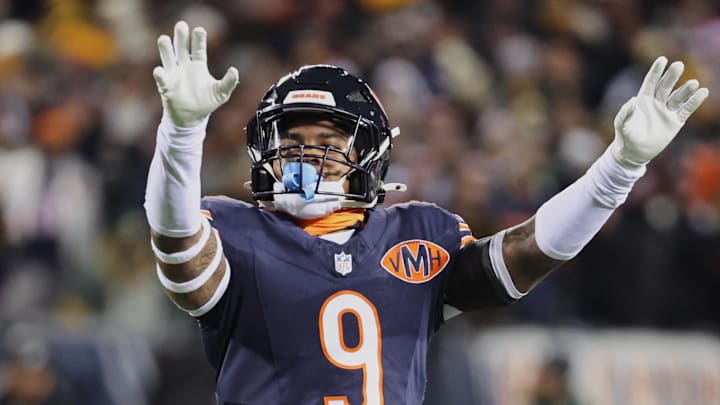 Dec 20, 2025; Chicago, Illinois, USA; Chicago Bears safety Jaquan Brisker (9) reacts against the Green Bay Packers during the first quarter at Soldier Field. Mandatory Credit: Mike Dinovo-Imagn Images