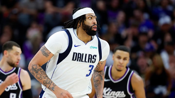 Apr 16, 2025; Sacramento, California, USA; Dallas Mavericks forward Anthony Davis (3) runs up the court after scoring a basket against the Sacramento Kings during the fourth quarter at Golden 1 Center. Mandatory Credit: Sergio Estrada-Imagn Images