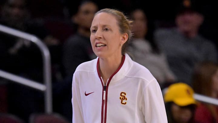 Jan 29, 2026; Los Angeles, California, USA; USC Trojans head coach Lindsay Gottlieb on the bench in the first half against the Iowa Hawkeyes at Galen Center. Mandatory Credit: Jayne Kamin-Oncea-Imagn Images