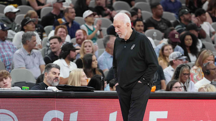 Mar 22, 2024; San Antonio, Texas, USA; San Antonio Spurs coach Gregg Popovich walks the sideline in the first half against the Memphis Grizzlies at Frost Bank Center. Mar 22, 2024; San Antonio, Texas, USA; San Antonio Spurs coach Gregg Popovich walks the sideline in the first half against the Memphis Grizzlies at Frost Bank Center.