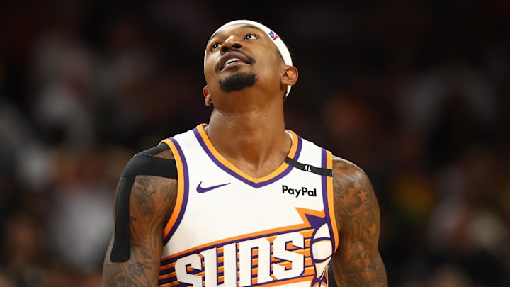 Oct 28, 2024; Phoenix, Arizona, USA; Phoenix Suns guard Bradley Beal (3) against the Los Angeles Lakers at Footprint Center. Mandatory Credit: Mark J. Rebilas-Imagn Images