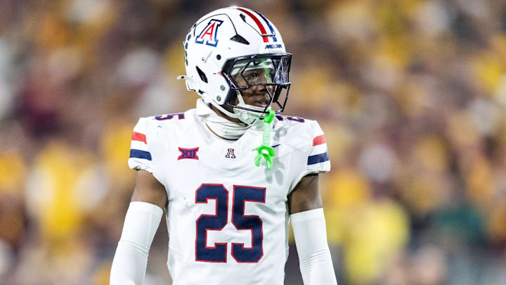 Nov 28, 2025; Tempe, Arizona, USA; Arizona Wildcats defensive back Michael Dansby (25) against the Arizona State Sun Devils during the 99th Territorial Cup at Mountain America Stadium. Mandatory Credit: Mark J. Rebilas-Imagn Images