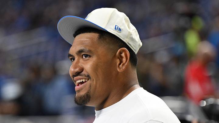 Aug 22, 2026; Detroit, Michigan, USA;  Detroit Lions offensive tackle Penei Sewell (58) looks on during warmups before their preseason game against the Washington Commanders at Ford Field.  Mandatory Credit: Lon Horwedel-Imagn Images