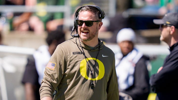 Oregon head coach Dan Lanning walks the field during the Oregon Ducks annual spring game on April 25, 2026 at Autzen Stadium in Eugene, Oregon.