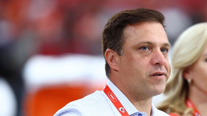 Aug 9, 2025; Glendale, Arizona, USA; Kansas City Chiefs general manager Brett Veach against the Arizona Cardinals during a preseason NFL game at State Farm Stadium. Mandatory Credit: Mark J. Rebilas-Imagn Images