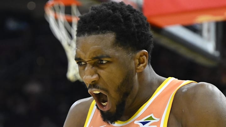 Cleveland Cavaliers guard Donovan Mitchell stands on the court in the third quarter against the Orlando Magic.