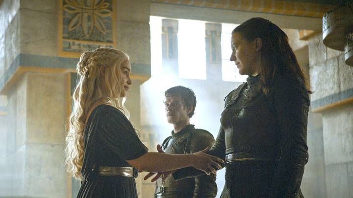 Emilia Clarke (Daenerys Targaryen), Alfie Allen (Theon Greyjoy), and Gemma Whelan (Yara Greyjoy) in Game of Thrones season 6 Episode 9.