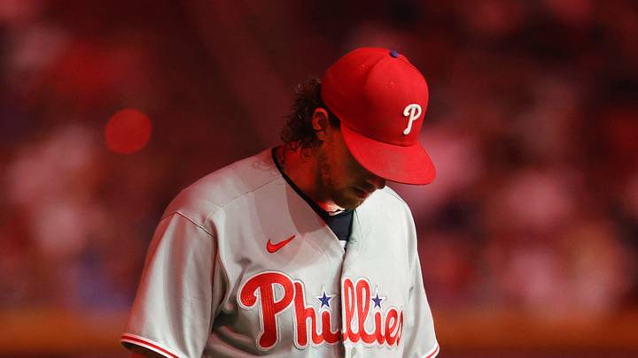 Aug 31, 2026; Phoenix, Arizona, USA; Philadelphia Phillies pitcher Aaron Nola reacts after being pulled from the game in the sixth inning against the Arizona Diamondbacks at Chase Field. Mandatory Credit: Mark J. Rebilas-Imagn Images Aug 31, 2026; Phoenix, Arizona, USA; Philadelphia Phillies pitcher Aaron Nola reacts after being pulled from the game in the sixth inning against the Arizona Diamondbacks at Chase Field. Mandatory Credit: Mark J. Rebilas-Imagn Images