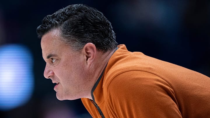 Texas coach Sean Miller works the sideline against Mississippi during their 2026 SEC Men’s Basketball Tournament game at Bridgestone Arena in Nashville, Tenn., Wednesday, March 11, 2026.