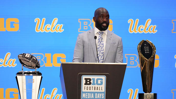 Jul 24, 2025; Las Vegas, NV, USA; UCLA head coach DeShaun Foster speaks to the media during the Big Ten NCAA college football media days at Mandalay Bay Resort. Mandatory Credit: Lucas Peltier-Imagn Images