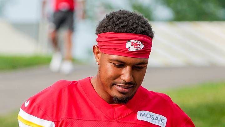 Jul 29, 2026; St. Joseph, MO, USA; Kansas City Chiefs   tight end Tre Watson (49) walks down the hill to the practice fields during training camp at Missouri Western State University. Mandatory Credit: Denny Medley-Imagn Images
