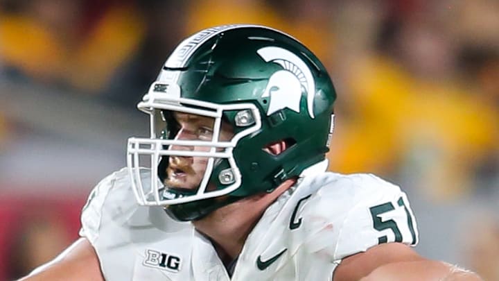 Michigan State center Matt Gulbin gets ready to throw a block during the Spartans' game against the USC Trojans on Sept. 20, 2025.
