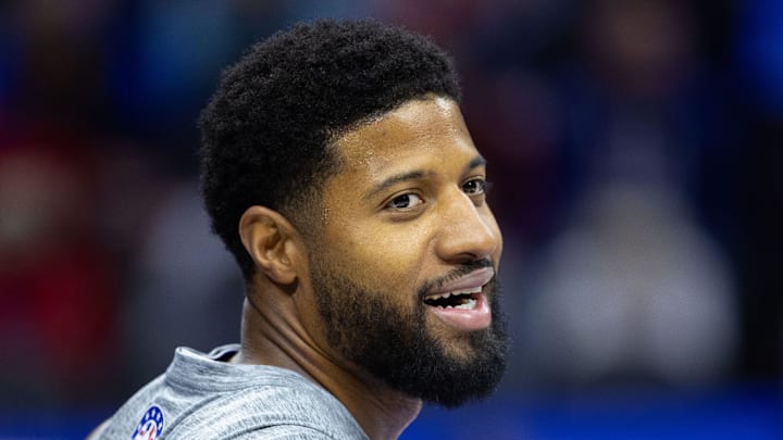 Nov 10, 2024; Philadelphia, Pennsylvania, USA; Philadelphia 76ers forward Paul George (8) warms up before action against the Charlotte Hornets during the first quarter at Wells Fargo Center. Mandatory Credit: Bill Streicher-Imagn Images