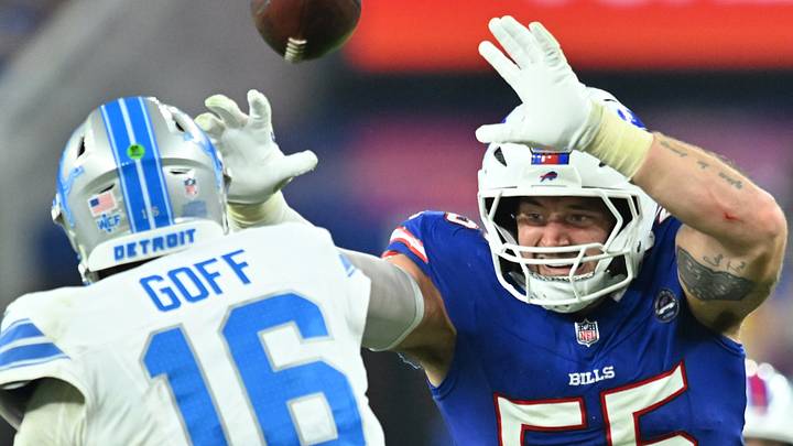Sep 17, 2026; Orchard Park, New York, USA;  Detroit Lions quarterback Jared Goff (16) passes against Buffalo Bills linebacker Michael Hoecht (55) during the second half at New Highmark Stadium.  Mandatory Credit: Mark Konezny-Imagn Images