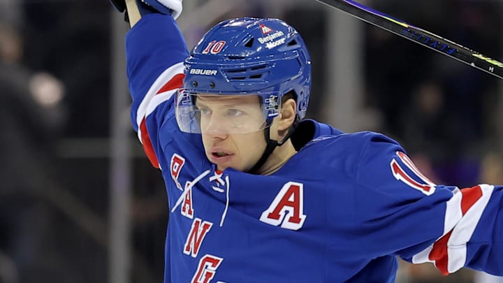 Jan 5, 2026; New York, New York, USA; New York Rangers left wing Artemi Panarin (10) skates before the first period against the Utah Mammoth at Madison Square Garden. Mandatory Credit: Brad Penner-Imagn Images