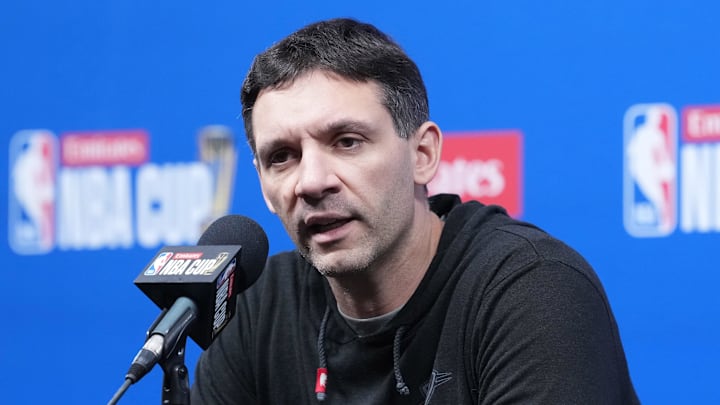 Dec 12, 2025; Las Vegas, NV, USA; Oklahoma City Thunder head coach Mark Daigneault at press conference prior to the Emirates Cup semifinals at T-Mobile Arena. Mandatory Credit: Kirby Lee-Imagn Images Dec 12, 2025; Las Vegas, NV, USA; Oklahoma City Thunder head coach Mark Daigneault at press conference prior to the Emirates Cup semifinals at T-Mobile Arena. Mandatory Credit: Kirby Lee-Imagn Images