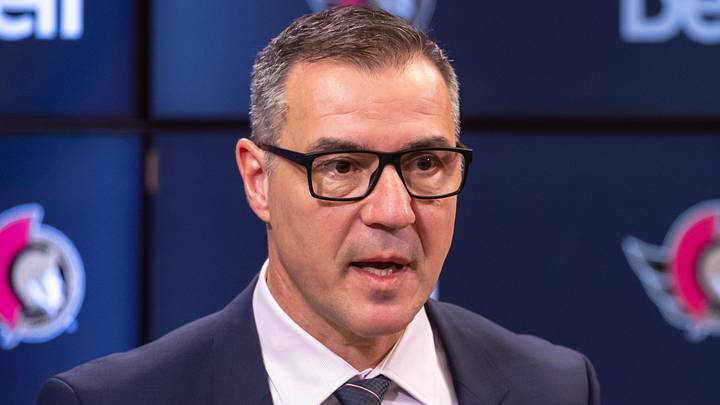 Jan 12, 2025; Ottawa, Ontario, CAN; President of Hockey Operations and General Manager Steve Staios speaks to the media pprior to match between the Dallas Stars and the  Ottawa Senators at the Canadian Tire Centre. Mandatory Credit: Marc DesRosiers-Imagn Images