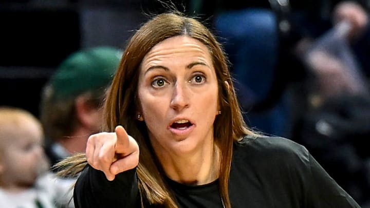 Michigan State's head coach Robyn Fralick communicates with players during the third quarter against Maryland on Wednesday, Feb. 4, 2026, at the Breslin Center in East Lansing.