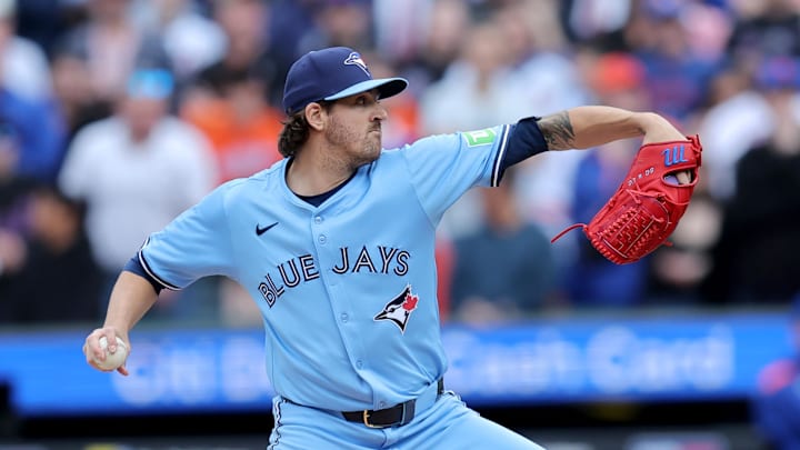 Apr 4, 2025; New York City, New York, USA; Toronto Blue Jays starting pitcher Kevin Gausman (34) pitches against the New York Mets during the first inning at Citi Field. Apr 4, 2025; New York City, New York, USA; Toronto Blue Jays starting pitcher Kevin Gausman (34) pitches against the New York Mets during the first inning at Citi Field.
