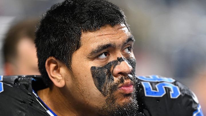 Detroit Lions tackle Penei Sewell (58) looks on during warm ups prior to the game against the New York Giants at Ford Field