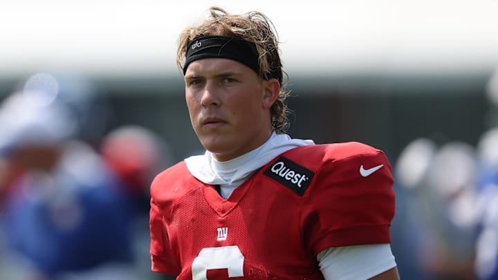 Aug 4, 2025; East Rutherford, NJ, USA; New York Giants quarterback Jaxson Dart (6) on the field during training camp at Quest Diagnostics Training Center.  