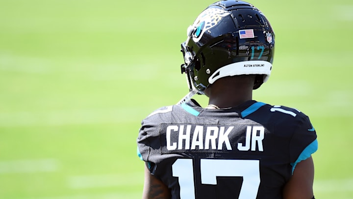 Sep 20, 2020; Nashville, Tennessee, USA; Jacksonville Jaguars wide receiver D.J. Chark (17) before the game against the Tennessee Titans at Nissan Stadium. Sep 20, 2020; Nashville, Tennessee, USA; Jacksonville Jaguars wide receiver D.J. Chark (17) before the game against the Tennessee Titans at Nissan Stadium.