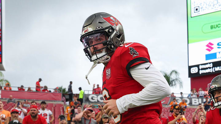 Tampa Bay Buccaneers quarterback Baker Mayfield (6) quarterback Kyle Trask (2) and quarterback Connor Bazelak (8).