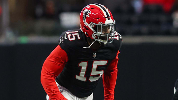 Dec 22, 2024; Atlanta, Georgia, USA; Atlanta Falcons linebacker Matthew Judon (15) rushes the passer against the New York Giants in the fourth quarter at Mercedes-Benz Stadium. Mandatory Credit: Brett Davis-Imagn Images

