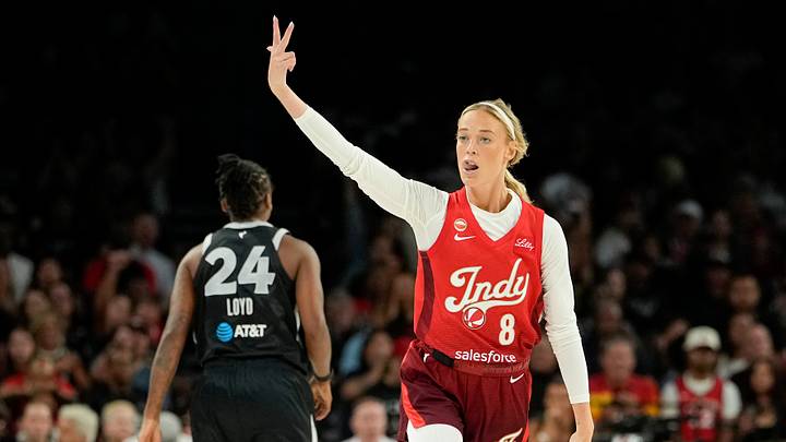 Indiana Fever guard Sophie Cunningham (8) celebrates after scoring against the Las Vegas Aces