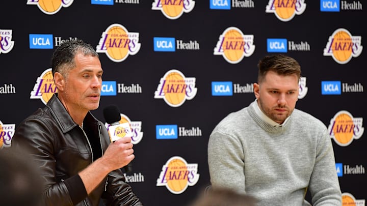 Feb 4, 2025; El Segundo, CA, USA; Los Angeles Lakers vice president of basketball operations and general manager Rob Pelinka speaks before introducing Luka Doncic at UCLA Health Training Center. Mandatory Credit: Gary A. Vasquez-Imagn Images