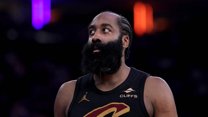 May 19, 2026; New York, New York, USA; Cleveland Cavaliers guard James Harden (1) reacts during the third quarter of game one of the eastern conference finals against the New York Knicks during the 2026 NBA playoffs at Madison Square Garden. Mandatory Credit: Brad Penner-Imagn Images