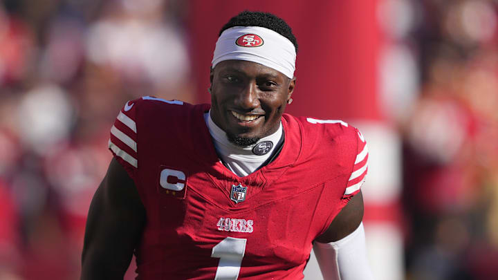 Sep 9, 2024; Santa Clara, California, USA; San Francisco 49ers wide receiver Deebo Samuel Sr. (1) is introduced before the game against the New York Jets at Levi's Stadium. Mandatory Credit: Darren Yamashita-Imagn Images