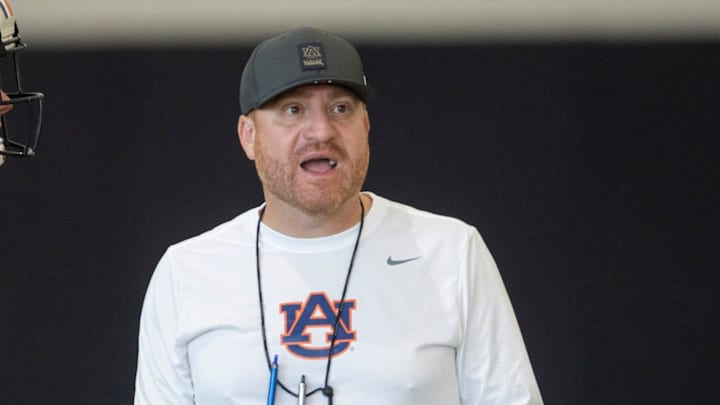 Auburn Tigers head coach Alex Golesh talks with his team during practice at Woltosz Football Performance Center in Auburn, Ala. on Thursday, April 16, 2026. Auburn Tigers head coach Alex Golesh talks with his team during practice at Woltosz Football Performance Center in Auburn, Ala. on Thursday, April 16, 2026.