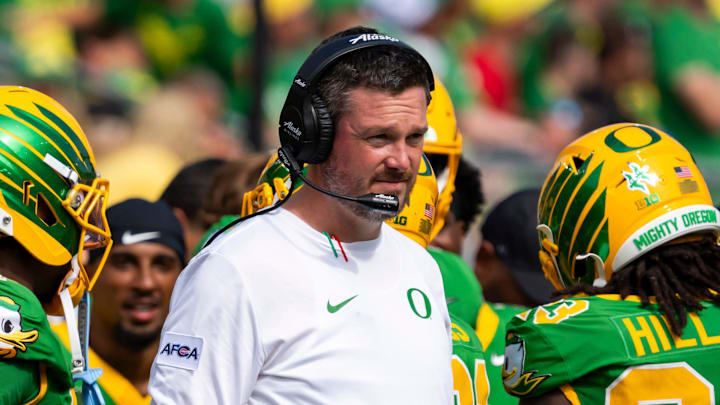 Oregon head coach Dan Lanning looks on as the Oregon Ducks host the Montana State Bobcats on Aug. 30, 2025, at Autzen Stadium in Eugene, Oregon. Oregon head coach Dan Lanning looks on as the Oregon Ducks host the Montana State Bobcats on Aug. 30, 2025, at Autzen Stadium in Eugene, Oregon.