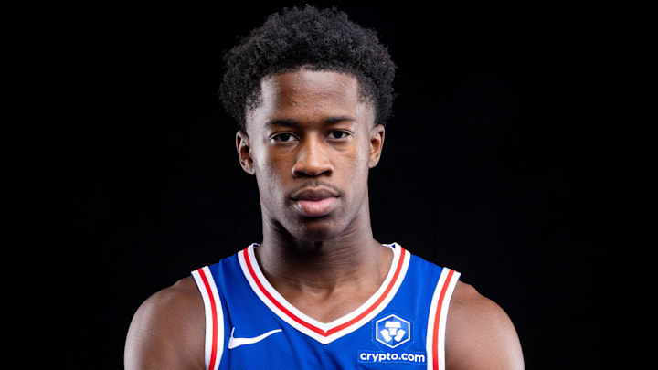 Sep 26, 2025; Camden, NJ, USA; Philadelphia 76ers VJ Edgecombe (77) poses for a photo during media day. Mandatory Credit: Bill Streicher-Imagn Images