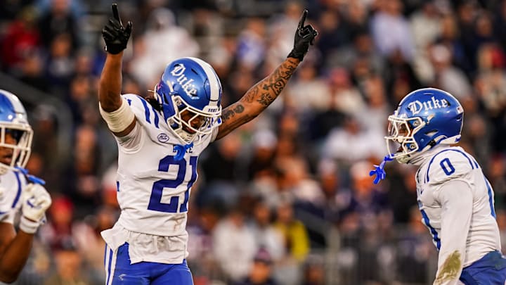 Nov 8, 2025; East Hartford, Connecticut, USA; Duke Blue Devils cornerback Landan Callahan (21) reacts after a play against the UConn Huskies in the second quarter at Pratt & Whitney Stadium at Rentschler Field. Mandatory Credit: David Butler II-Imagn Images Nov 8, 2025; East Hartford, Connecticut, USA; Duke Blue Devils cornerback Landan Callahan (21) reacts after a play against the UConn Huskies in the second quarter at Pratt & Whitney Stadium at Rentschler Field. Mandatory Credit: David Butler II-Imagn Images