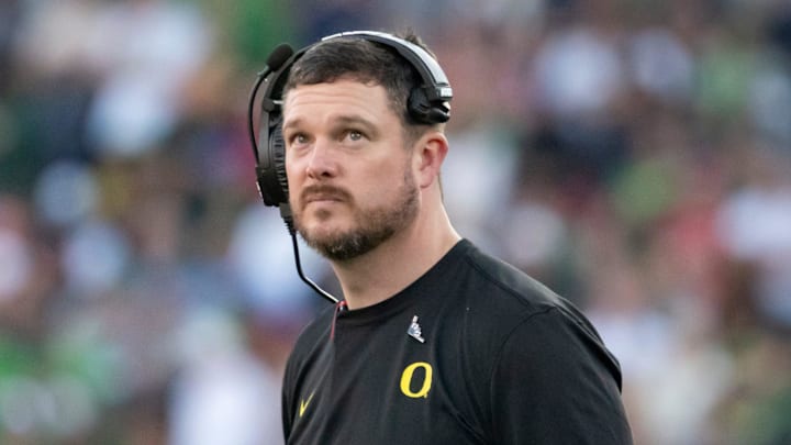 Oregon head coach Dan Lanning looks to the clock towards the end of the first half as the Oregon Ducks face the Ohio State Buckeyes Wednesday, Jan. 1, 2025, in the quarterfinal of the College Football Playoff at the Rose Bowl in Pasadena, Calif.