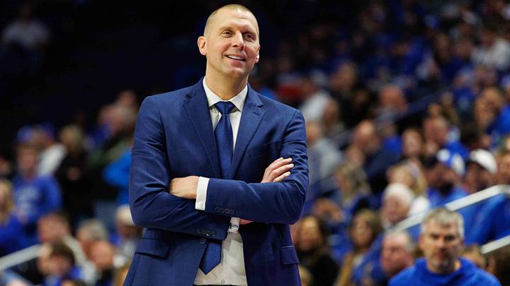 Nov 22, 2024; Lexington, Kentucky, USA; Kentucky Wildcats head coach Mark Pope smiles during the second half against the Jackson State Tigers at Rupp Arena at Central Bank Center. Mandatory Credit: Jordan Prather-Imagn Images Nov 22, 2024; Lexington, Kentucky, USA; Kentucky Wildcats head coach Mark Pope smiles during the second half against the Jackson State Tigers at Rupp Arena at Central Bank Center. Mandatory Credit: Jordan Prather-Imagn Images