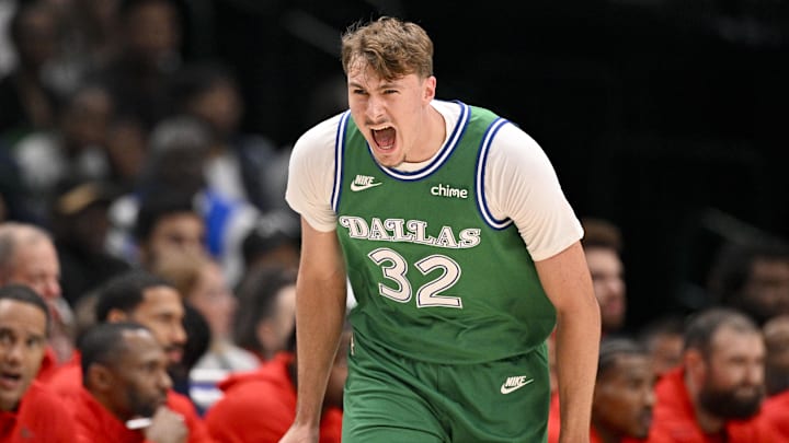Oct 26, 2025; Dallas, Texas, USA; Dallas Mavericks forward Cooper Flagg (32) celebrates during the first quarter against the Toronto Raptors at the American Airlines Center. Mandatory Credit: Jerome Miron-Imagn Images