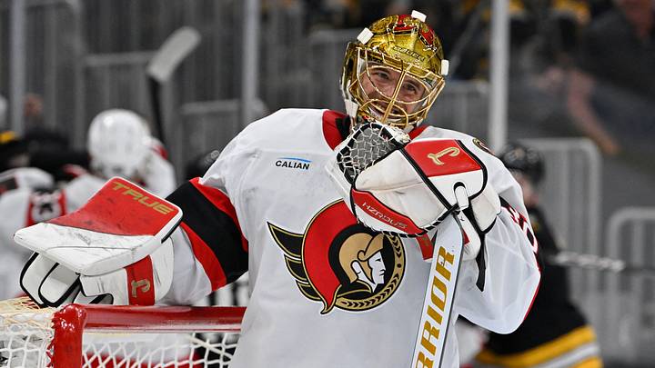 Oct 5, 2026; Boston, Massachusetts, USA; Ottawa Senators goaltender Samuel Ersson (30) reacts as multiple fights break behind him during the third period against the Boston Bruins at TD Garden. Mandatory Credit: Eric Canha-Imagn Images