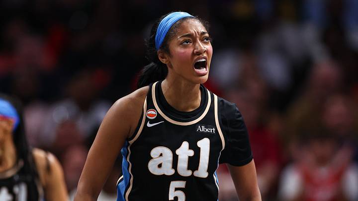 Atlanta, Georgia, USA; Atlanta Dream forward Angel Reese (5) reacts against the Indiana Fever during the third quarter at State Farm Arena on August 16, 2026.