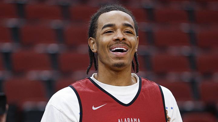 Mar 26, 2026; Chicago, IL, USA; Alabama Crimson Tide guard Labaron Philon (0) reacts during a practice session ahead of the Midwest regional of the men's 2026 NCAA Tournament at United Center. Mandatory Credit: Kamil Krzaczynski-Imagn Images Mar 26, 2026; Chicago, IL, USA; Alabama Crimson Tide guard Labaron Philon (0) reacts during a practice session ahead of the Midwest regional of the men's 2026 NCAA Tournament at United Center. Mandatory Credit: Kamil Krzaczynski-Imagn Images