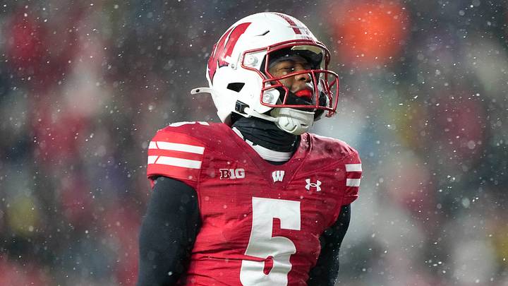 Nov 8, 2025; Madison, Wisconsin, USA;  Wisconsin Badgers cornerback D'Yoni Hill (5) celebrates during the fourth quarter against the Washington Huskies at Camp Randall Stadium. Mandatory Credit: Jeff Hanisch-Imagn Images