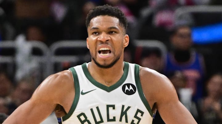 Milwaukee Bucks forward Giannis Antetokounmpo (34) reacts after scoring a basket in the 3rd quarter against the New York Knicks at Fiserv Forum on October 28, 2025.