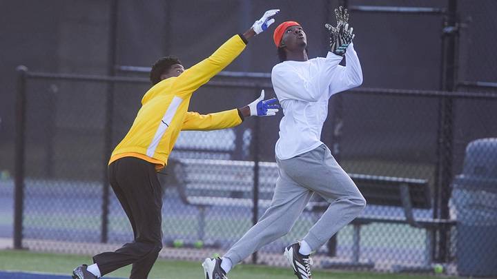 Lausanne’s Lawrence Britt makes an interception during a drill at spring practice at the school in Memphis, Tenn., on April 22, 2026.
