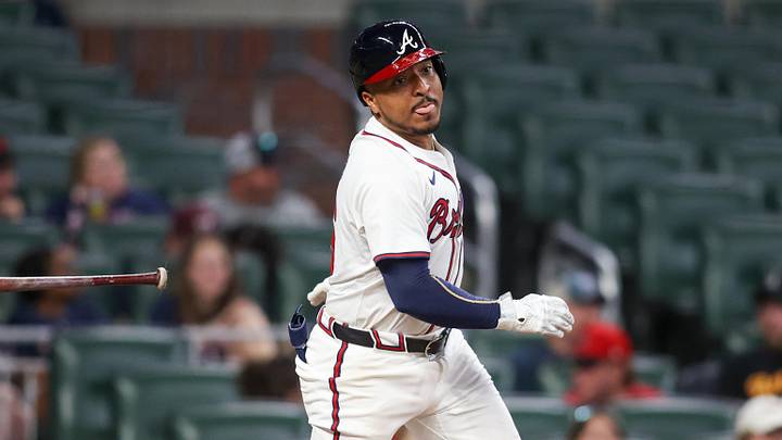 May 19, 2024; Atlanta, Georgia, USA; Atlanta Braves catcher Chadwick Tromp (45) hits a double against the San Diego Padres in the ninth inning at Truist Park. Mandatory Credit: Brett Davis-Imagn Images
