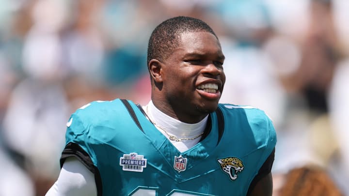 Sep 7, 2025; Jacksonville, Florida, USA; Jacksonville Jaguars wide receiver Travis Hunter (12) takes the field prior to a game against the Carolina Panthers at EverBank Stadium. Mandatory Credit: Nathan Ray Seebeck-Imagn Images